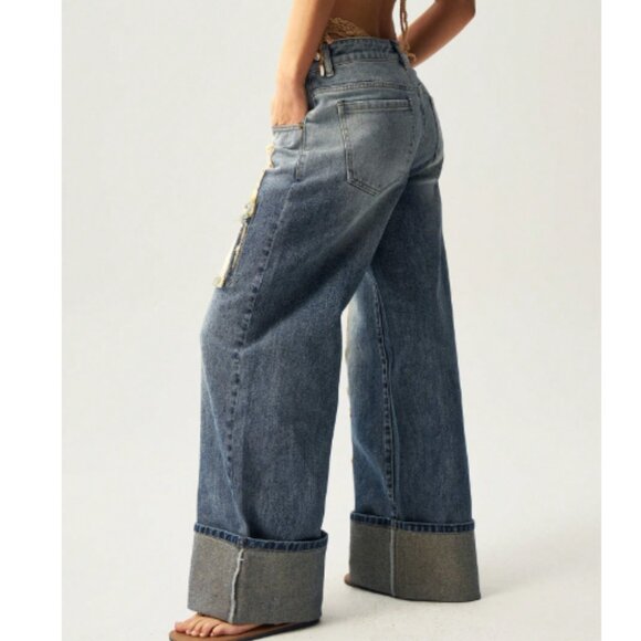 Peace Patchwork Cuffed Jeans size Large - Picture 2 of 9